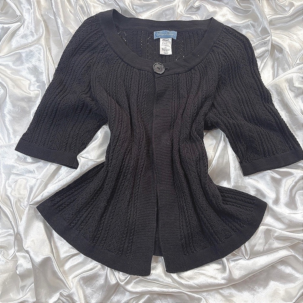 y2k Cardigan Black Excellent Short Sleeve Cable Knit Pointelle Single Button